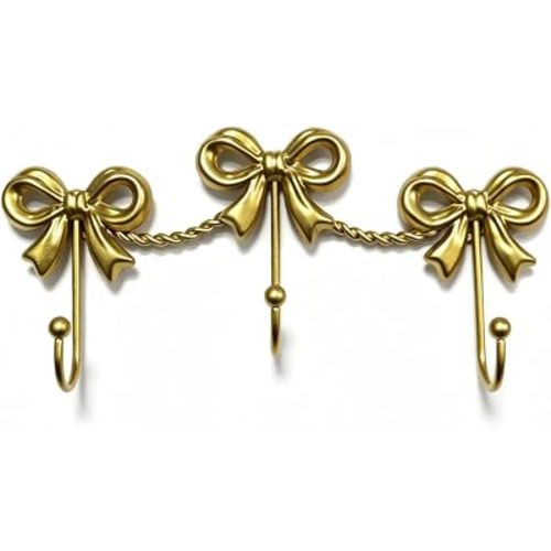 Gold Bow Hooks for Girls - Cute Triple Bow Wall Hooks for Nursery, Bedroom & Bathroom - Metal 3-Hook Coquette Room Decor for Hanging Towels, Bags, Robes & Jewelry - Perfect for Girly (Gold-3 Hooks)