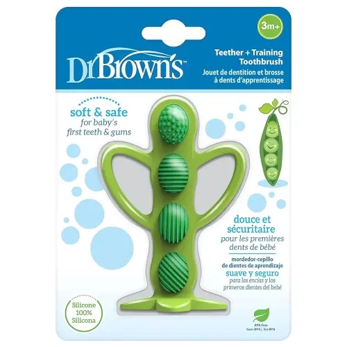 Dr. Brown's Peapod Teether + Training Toothbrush, Help Soothe Baby's Sore Gums, Soft 100% Silicone, BPA Free, 3m+