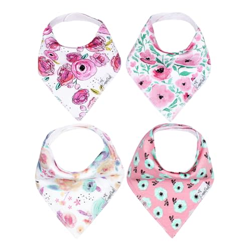 Copper Pearl 4 Pack Soft Cotton Baby Bibs for Drooling and Teething, Absorbent Drool Bibs for Baby Girl and Boy, Adjustable to Fit Newborns to Toddlers, Tons of Styles (Bloom)