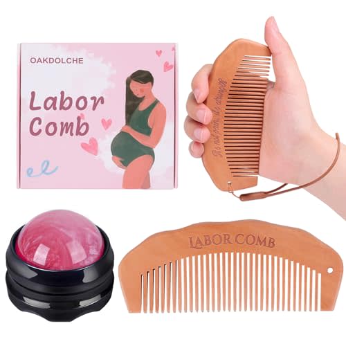 OAKDOLCHE Birth Comb & Massage Roller Ball Kit for Women Labor and Delivery Essentials, Wooden Labor Comb Pregnancy Must Haves, Designed for Expectant Moms