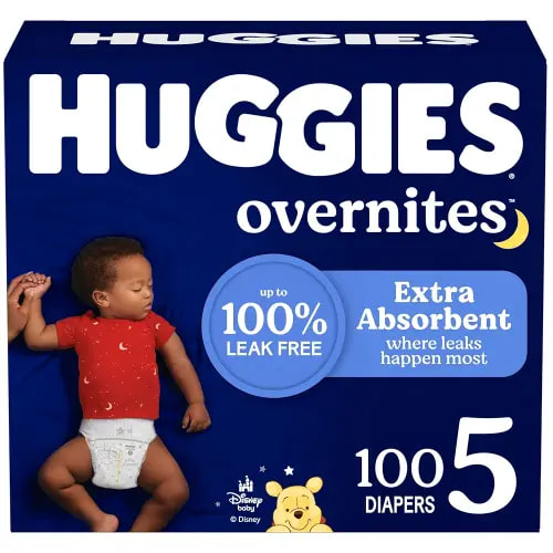 Huggies Size 5 Overnites Baby Diapers: Overnight Diapers, Size 5 (27+ lbs), 100 Ct (2 Packs of 50), Packaging May Vary