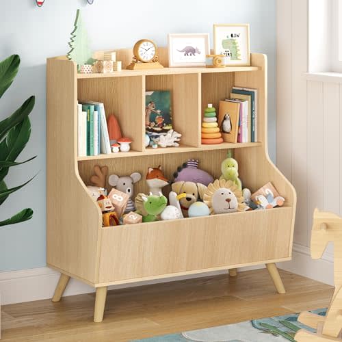Curipeer Kids Bookshelf and Toy Storage, 3-Tier Wooden Bookcase, Baby Book and Toy Storage Display Organizer with Spacious Top Shelf for Children, Family, Natural Wood Color(Large Size)