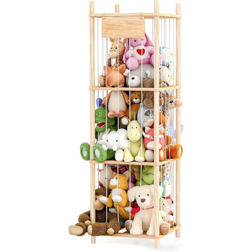 Dayacoco Stuffed Animal Storage, Wood Stuffed Animals Organizer Holder Zoo, Extra Large Capacity Stuff Storage with Elastic Band and Net for Nursery Kids Play Room Bedroom (Pine Wood)