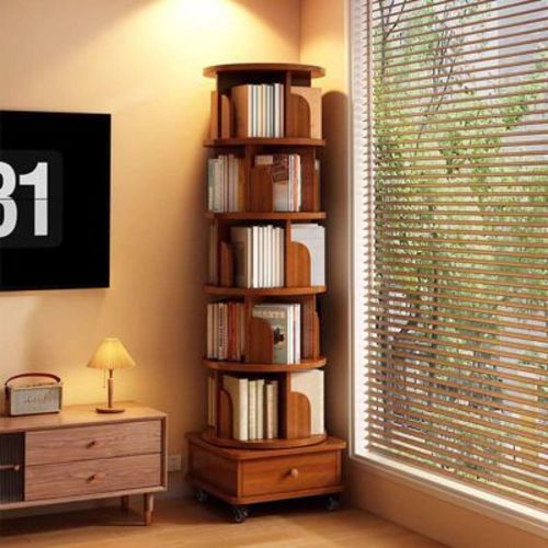 Rotating Bookshelf, 360 Degree Display 5 Tier Corner Bookshelf with Drawer