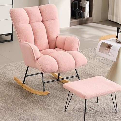 Nursery Glider Rocking Chair with Ottoman, Upholstered Teddy Glider Rocker for Nursery(2pcs/Set), Modern Rocking Reading Pink Glider Chair for Bedroom, Nursing, Living Room