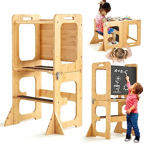 4-in-1 Bamboo Toddler Standing Tower for Leanring Kitchen Stool Helper with Chalkboard,Safer Than a Step Stool,Art Desk Anti-Slip Protection Ideal Helper for Little Kids in The Kitchen