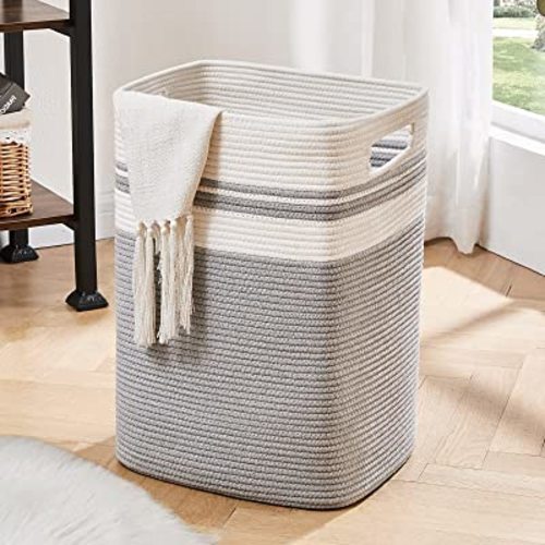 OIAHOMY Laundry Hamper-Laundry Basket,Tall Cotton Storage Basket with Handles,Decorative Blanket Basket for Living room,Collapsible Large Basket for Toys,Pillows,Clothes-16x13x22in-Grey