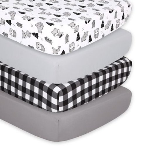 Peanutshell Baby Fitted Crib Sheet, 4 Pack Set, Grey Woodland Plaid for Boys or Girls