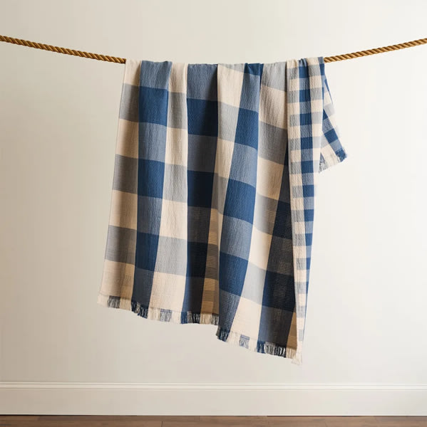 BLOCK PLAID ORGANIC COTTON FRINGED THROW