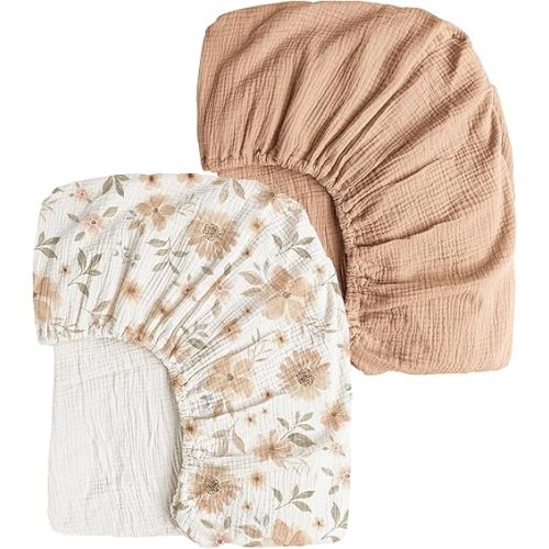 Konssy Muslin Crib Sheets 2 PCS 100% Cotton Baby Crib Sheets for Standard Crib Mattress (28" x 52"), Soft and Breathable for Boys, Girls (Toffee, Flourish)