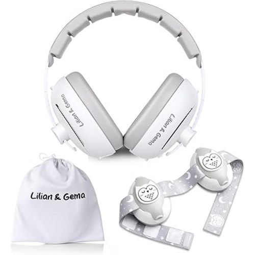 Lilian&Gema 2-in-1 Baby Ear Muffs Noise Protection, Adjustable Headphones with Band, Owls Noise Cancelling Headphones for Babies & Toddler up to 4 Years, Baby Airplane Essentials/Outdoor, White