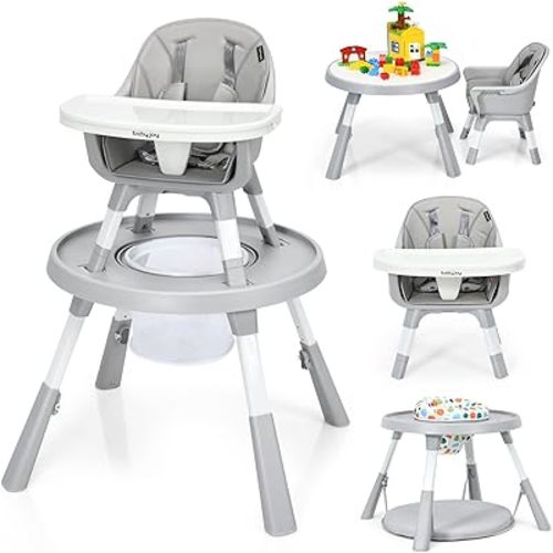 BABY JOY 7 in 1 Baby High Chair, Convertible High Chairs for Babies and Toddlers, Building Block Table, Toddler Chair with Adjustable Legs, Removable Tray, Storage Basket, Safety Harness (Gray)
