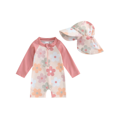 Mevireiy Baby Girls Rash Guard Swimsuit Shell Print Long Sleeve Zipper Bathing Suit Hat, Pink, 3-6 Months