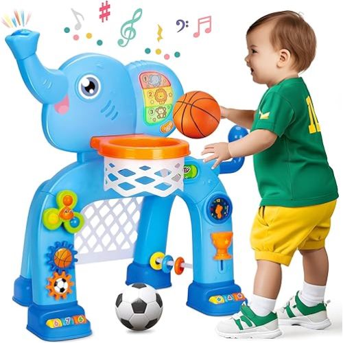 Toddler Basketball Hoop & Soccer Goal, Toys for 1 2 3 Year Old Boys Girls, Kids Sports Toy with Light Sound Music, Montessori Toys for Baby 12-18 Months, Christmas Birthday Gifts for Ages 1-3(Blue)