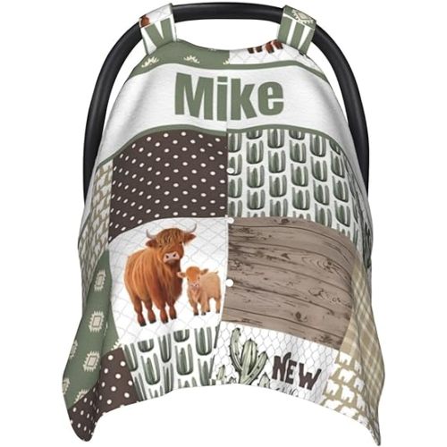 Custom Baby Car Seat Canopy with Name, Personalized High Land Cow Baby Car Seats Covers for Baby Boy, Opening Minky Nursing Breastfeeding Cover for Infant, Carseat Canopies for Newborn