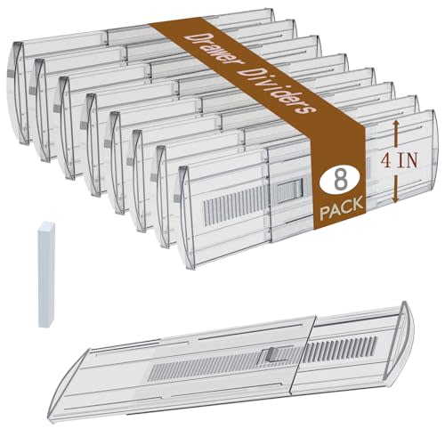 8 Pack Adjustable Drawer Dividers for Clothes,4" High Clear Expandable from 13-22" Drawer Organizers, PC Plastic Separators for Dresser/Bedroom/Bathroom/Kitchen/Office Storage,Easy to Assemble