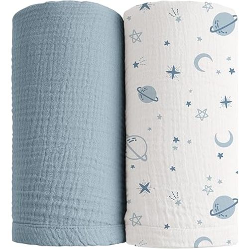 Konssy Muslin Swaddle Blankets for Boys Girls, 2 Pack Receiving Baby Blanket Large 47 x 47 inches, Soft Breathable Swaddling Wrap for Unisex Newborn (Star,Blue)