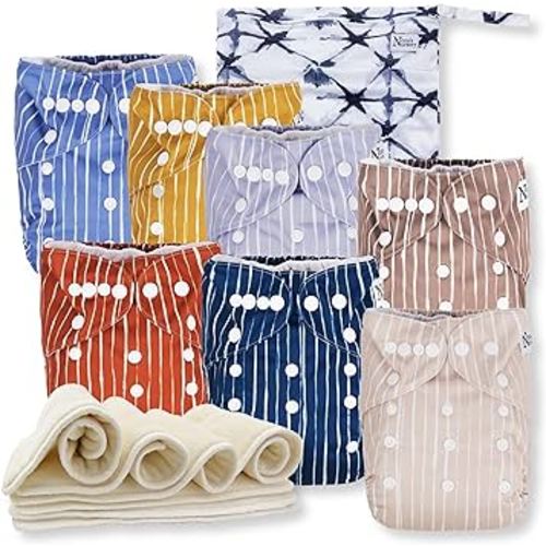 Nora's Nursery Cloth Diapers 7 Pack with 7 Inserts & 1 Wet Bag - Waterproof Cover, Washable, Reusable & One Size Adjustable Pocket Diapers for Newborns and Toddlers - Cali Coastal