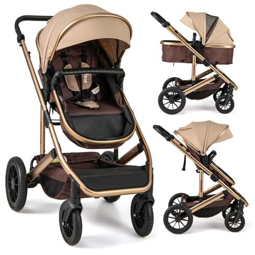 INFANS 2 in 1 Baby Stroller, Folding Newborn Pram Convertible Stroller Bassinet for Infant Foldable High Landscape Shock Absorption with Reversible Seat Aluminum Structure for Pushchair (Khaki)