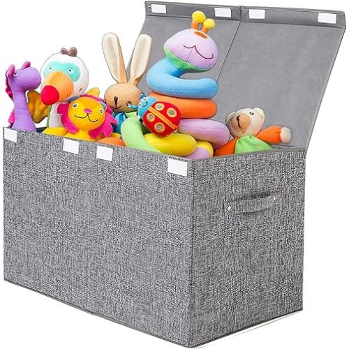 popoly Large Toy Box Chest with Lid, Collapsible Sturdy Toy Storage Organizer Boxes Bins Baskets for Kids, Boys, Girls, Nursery, Playroom, 25"x13" x16" (Linen Gray)