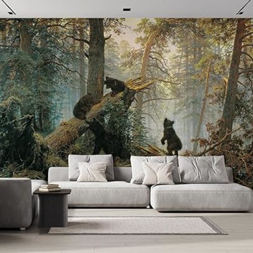 wall26 - Morning in a Pine Forest (Bears Playing on a Fallen Tree) by Ivan Shishkin - Russian Realist Painter - Landscape Artist - Peel and Stick Large Wall Mural, Removable Wallpaper - 66x96 inches
