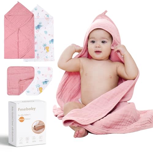 Fmebaby Muslin Bath Towel for Toddler 4 Pcs, 36x36 Inch 100% Muslin Cotton Baby Hooded Bath Towel and Washcloths for Babies, Infant and Kids, Soft and Absorbent Newborn Essential(Pink and Elephant)