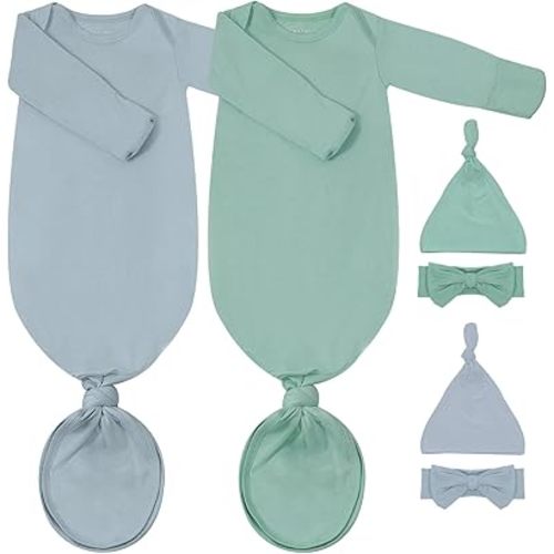 2Pack Newborn Baby Knotted Gown, Super Soft Modal Infant Long Sleeve Sleeper with Hat and Headband Set
