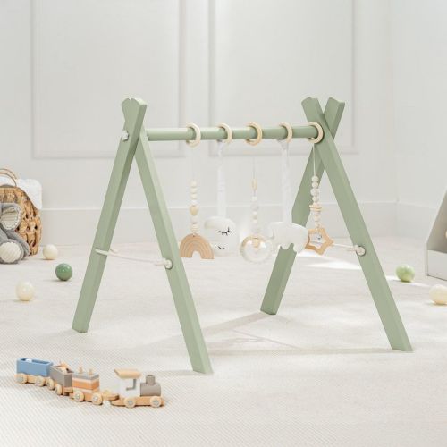 Wooden Baby Play Gym Set, Interactive Activity Center Hanging Bar With Gym Toys By Comfy Cubs, Pacific Blue