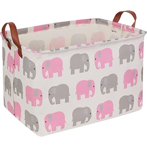 NTAOHAMPER Rectangular Pink Elephant Basket,Baby Girl Storage Bin,Collapsible Kids Toys Storage Box with Handles for Bedroom,Gift Basket,Nursery Bin(Pink Elephant)