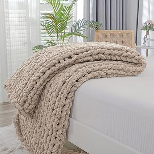 Bigacogo Chunky Knit Throw Blanket for Couch, 40x60 inches, 100% Hand Knitted with Thick Jumbo Chenille Yarn, Cozy Soft Large Rope Knot Cable Crochet Blankets for Sofa Bed Living Room, Taupe