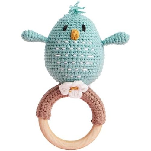 Chippi & Co Crochet Baby Rattle, Crochet Baby Toys, Stuffed Baby Doll, Organic Wooden Newborn Toys, Knitted Stuffed Animals for Babies, Mother, Father to Be Gifts Christmas (Bobo The Blue Bird)
