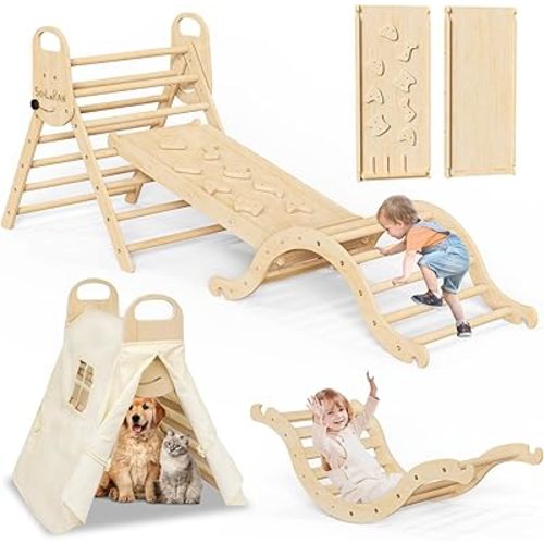 Sehloran Large Size 8 in 1 Pikler Triangle Set with Pinball Game and Tent for Kids, Foldable Toddler Climbing Toys Indoor, Natural Wooden Montessori Climbing Set Jungle Gym with Arch&Ramp&Ladder