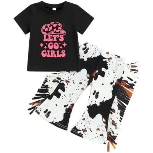 Western Toddler Baby Girl Fall Clothes Long Sleeve Let's Go Girl Shirt Cow Print Flare Pants with Tassels 2Pcs Outfits