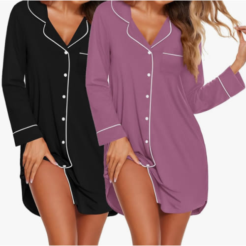 Ekouaer 2 Pack Nightgowns for Women Long Sleeve Night Shirt Button Down Sleep Shirt V-Neck Sleep Dress Pajama Sleepwear