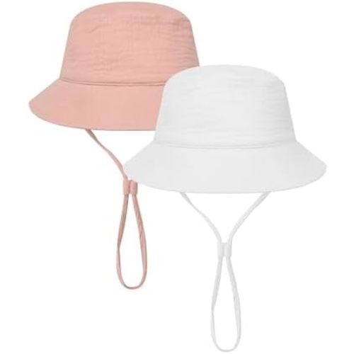 Cooraby 2 Pack Muslin Baby Sun Hat Bucket Hats with Wide Brim Adjustable Beach Hat for Boys Girls