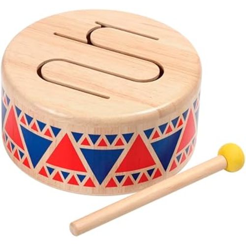 PlanToys Solid Drum Toddler Musical Instrument - Sustainably Made from Rubberwood Featuring Organic-Pigment Coloring and Water-Based Dyes Featuring Drumstick with Rubber Head