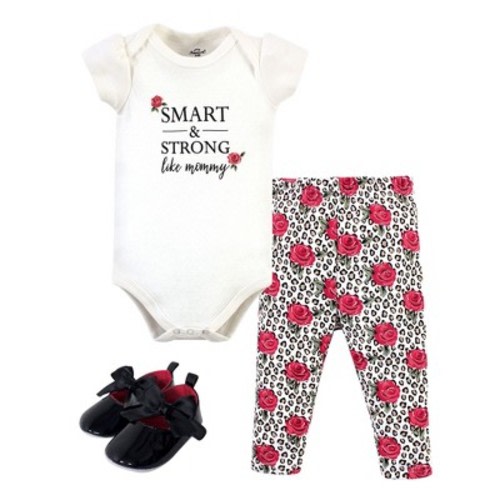 Little Treasure Baby Girl Cotton Bodysuit, Pant and Shoe 3pc Set, Leopard Rose, 3-6 Months