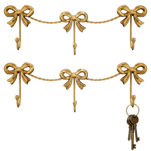 2 Pcs Triple Bows Hooks Metal Gold Bow Hooks Wall Mount Hanging Towel Bag Robe for Bathroom Bedroom Coquette Room Decor for Girly