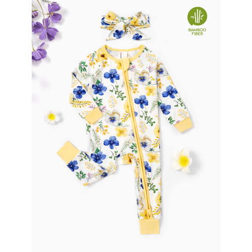 PatPat Baby Girl Outfit Bamboo Baby Pajamas Sleep N Play Snug Fit 2-Way Zipper Romper Floral Sleeper with Headbands Infant 9-12 Months
