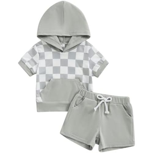 BemeyourBBs Toddler Baby Boy Summer Outfit Hooded Top with Pocket and Elastic Waist Shorts Set Infant Boy Clothes