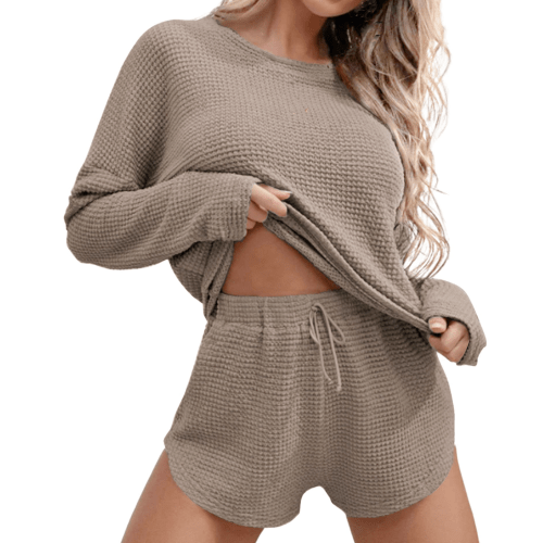Fantaslook Pajamas Sets for Women Waffle Knit Lounge Sets Long Sleeve Top and Shorts Outfits Loungewear with Pockets