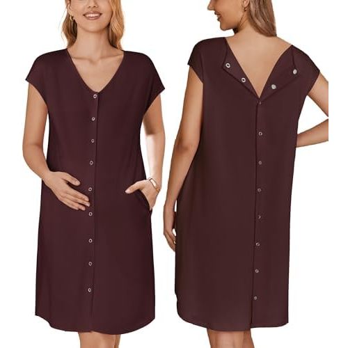 Ekouaer Labor/Delivery/Hospital Gown Nursing Nightgown Maternity Sleepwear With Pockets Postpartum Gowns with Button S-XXL