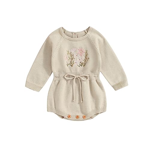 Ursobutegl Baby Girl Knitted Romper Sweater Long Sleeve Knit Embroidery Floral One Piece Bodysuits Warm Fall Winter Clothes