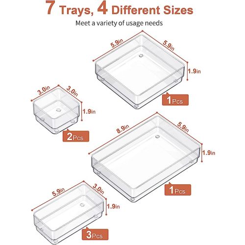 SMARTAKE 7-Piece Drawer Organizer with Non-Slip Silicone Pads, 4-Size Desk Drawer Organizer Trays Storage Tray for Makeup, Jewelries, Utensils in Bedroom Dresser, Office and Kitchen (Clear) - 7 PCS