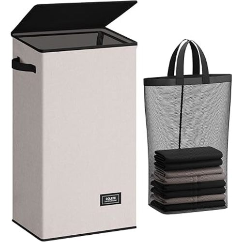 SOLEDI Laundry Hamper with Lid 100L Large & Tall Collapsible Laundry Basket, Clothes Hamper with Bag Removable Easy to Carry, Dirty Hampers for Bedroom, Bathroom, Dorm, College,Light taupe