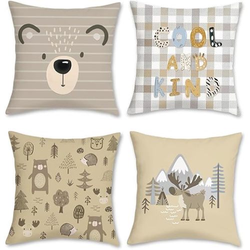 Bonhause Cartoon Animals Throw Pillow Covers 18 x 18 Inch Cute Bear Elk Tree Mountain Decorative Pillows Case Soft Velvet Cushion Covers for Girls Boys Kids Bedroom Nursery Decor Set of 4