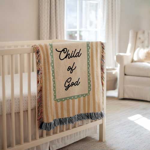 Child of God Baby Blanket, Christian Woven Blanket for Newborn, Vintage Stripe Baptism or Baby Shower Gift