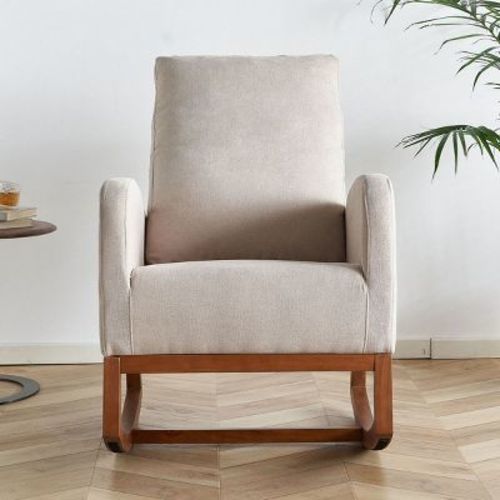 28''Upholstered Rocking Chair With Padded Seat And Solid Wood Base,Comfortable Linen Rocker Office Rocking Armchair,Living Room Chair-Cuddlewood