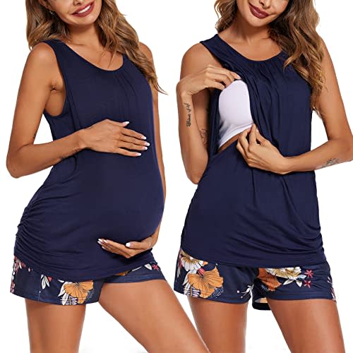 Ekouaer Women Maternity Nursing Pajama Set Breastfeeding Double Layer Pregnancy Pjs Set Sleeveless Top & Shorts with Pockets