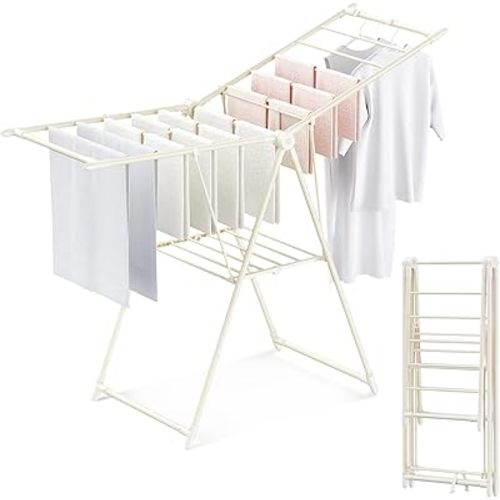 GameGem Clothes Drying Rack, Drying Rack Clothing, Foldable Laundry Drying Rack with 3 Heights-Adjustable, Sturdy Carbon Steel & Anti Slip Feet, Indoor Outdoor Use, Cream White